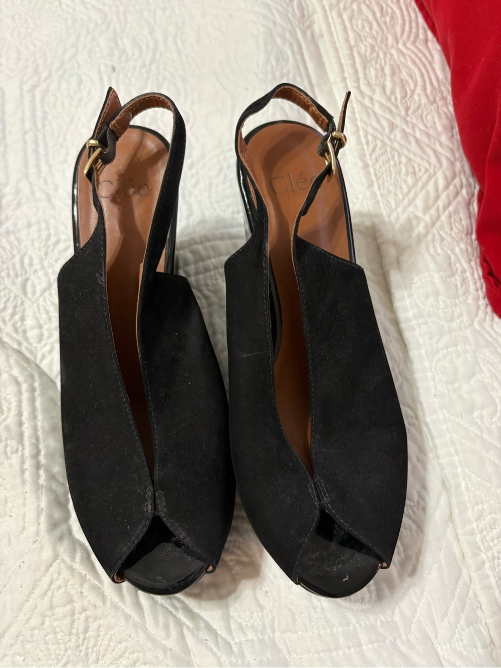 Black Suede Peep-Toe Slingback Heels by Clio